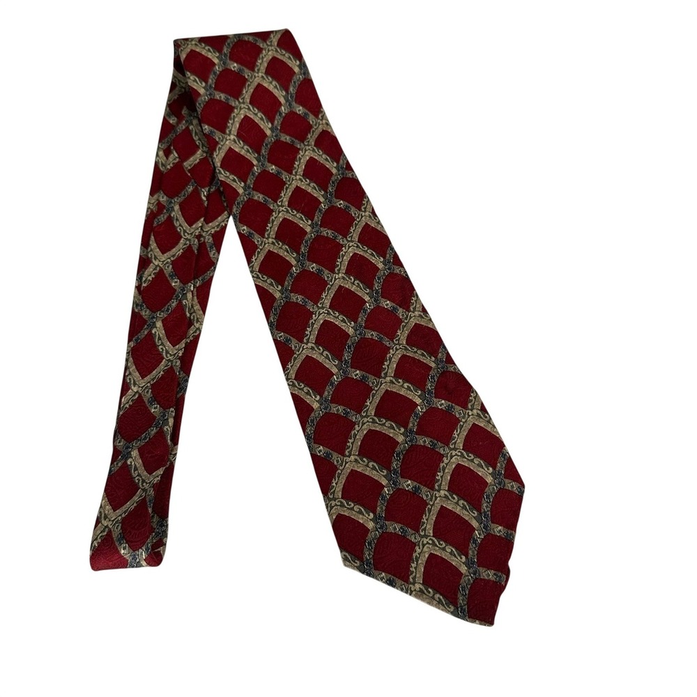 Claiborne‎ Mens Silk Tie Necktie Red Gold Navy Geometric Lattice Woven USA
